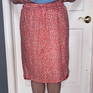 Red Floral Elastic-Waist Midi Skirt